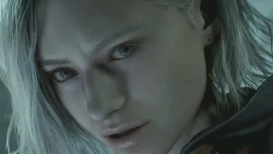 Close-up of a woman with pale skin and light hair, looking concerned.