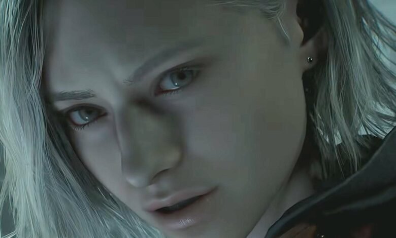 Close-up of a woman with pale skin and light hair, looking concerned.