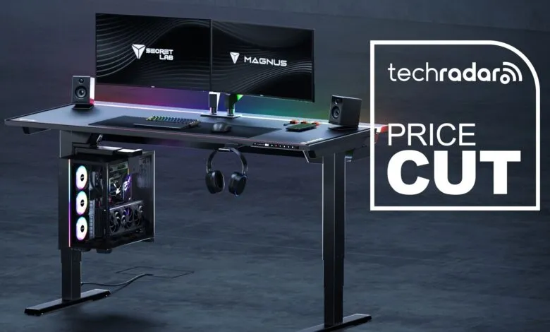 Secretlab Magnus Pro desk setup with dual monitors and gaming PC.