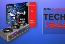 Sapphire AMD Radeon RX 9070 XT graphics card and packaging on blue background.