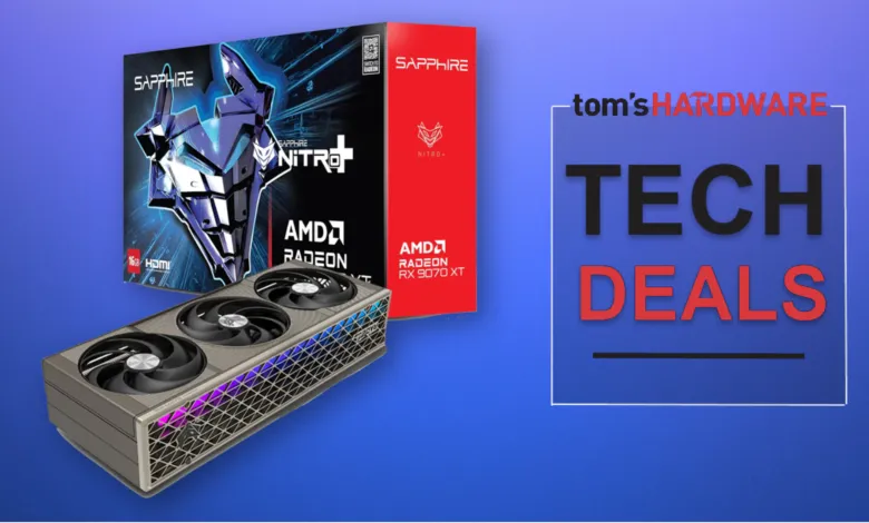 Sapphire AMD Radeon RX 9070 XT graphics card and packaging on blue background.