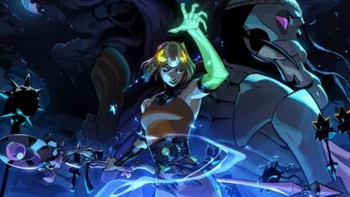 Hades game character with glowing hand and staff against a dark, starry background.
