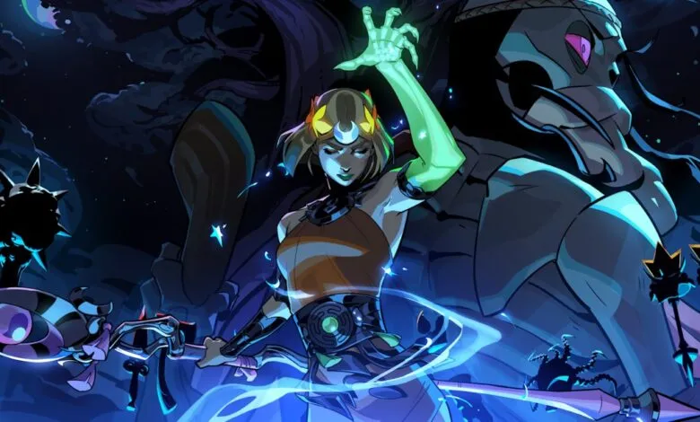 Hades game character with glowing hand and staff against a dark, starry background.
