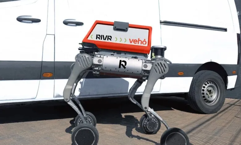 RIVR Veho delivery robot standing near a white van.