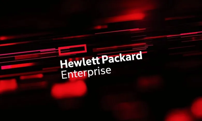 Hewlett Packard Enterprise logo on a dynamic red and black background.