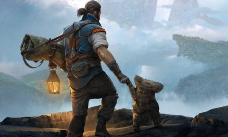 Character holds paw of small, bear-like creature, gazing at distant landscape.