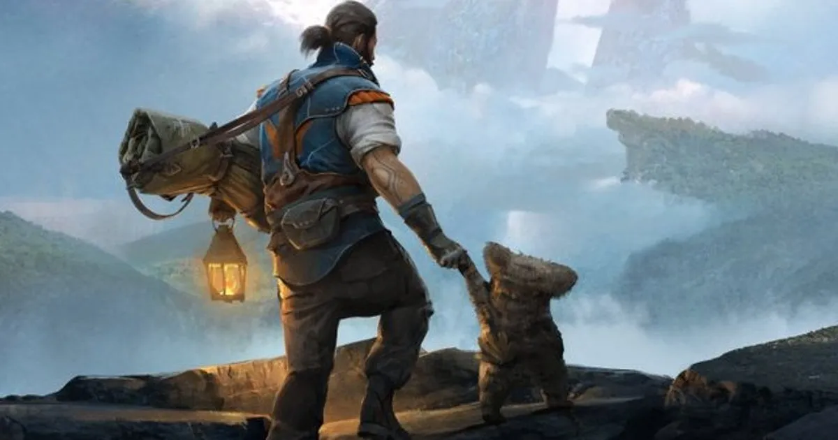 Character holds paw of small, bear-like creature, gazing at distant landscape.
