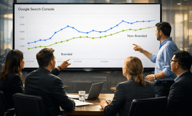 Team analyzes Google Search Console data on a large display.