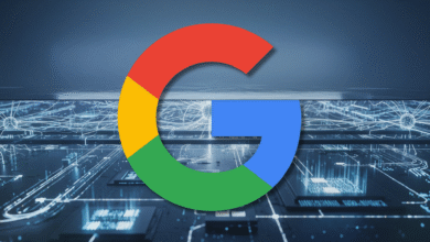 Google logo over a futuristic circuit board design.