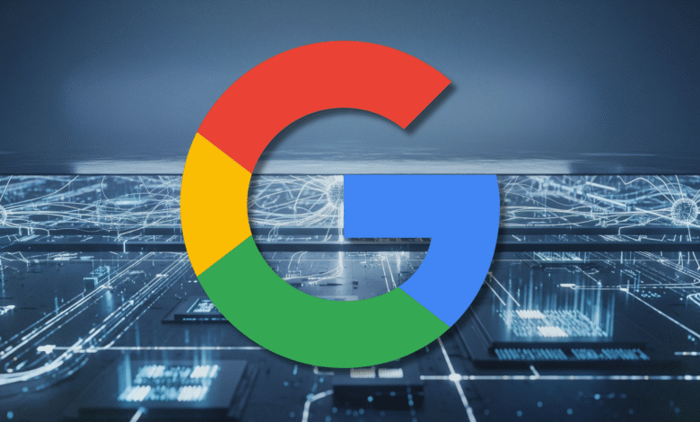 Google logo over a futuristic circuit board design.