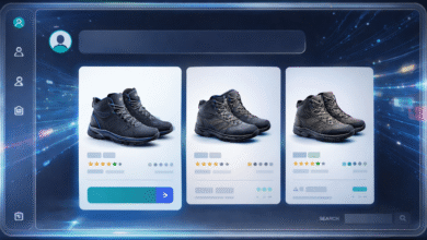 Online shoe store interface showing three pairs of hiking boots with star ratings.