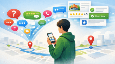 Person using phone with map and business info icons above.