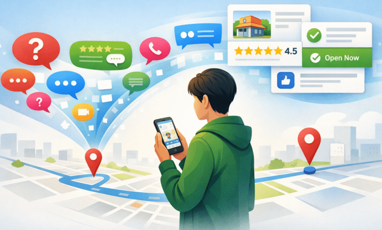 Person using phone with map and business info icons above.