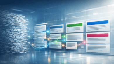 Abstract data visualization with text blocks and rising trend lines.