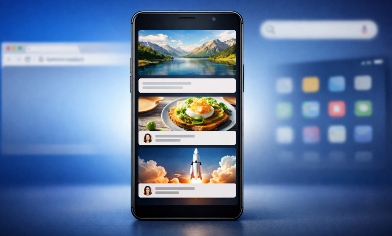 Smartphone displaying personalized content feed with nature, food, and rocket launch.