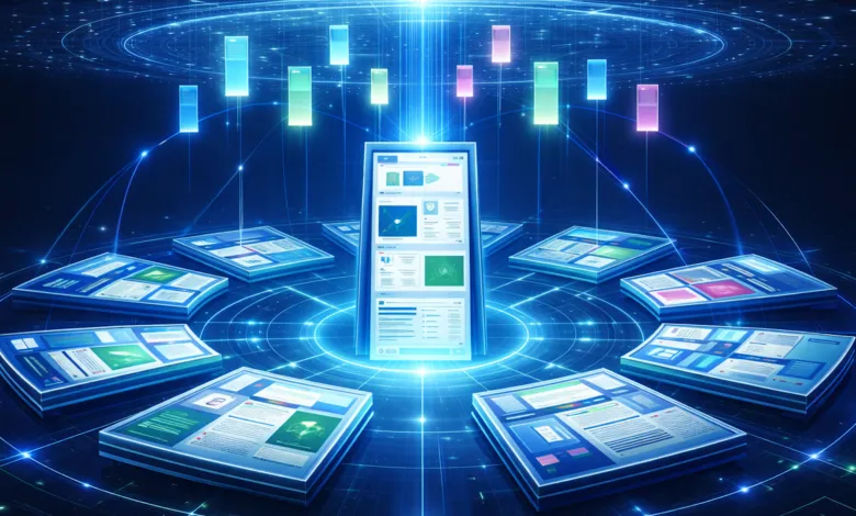 Digital content optimization concept with website pages and data visualization.