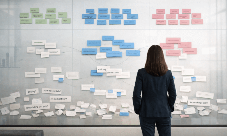 Woman in suit analyzes sticky notes on a glass wall, brainstorming content ideas.
