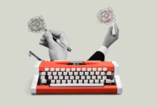 Vintage typewriter with hands drawing chaotic lines above it.