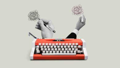 Vintage typewriter with hands drawing chaotic lines above it.