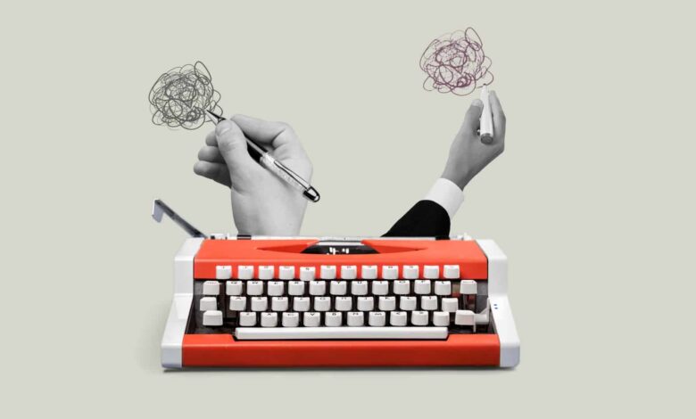 Vintage typewriter with hands drawing chaotic lines above it.