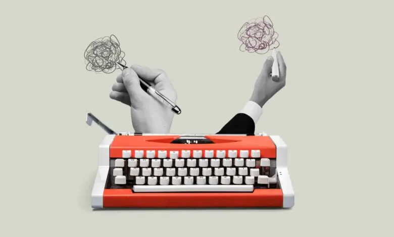 Vintage typewriter with hands drawing chaotic lines above it.