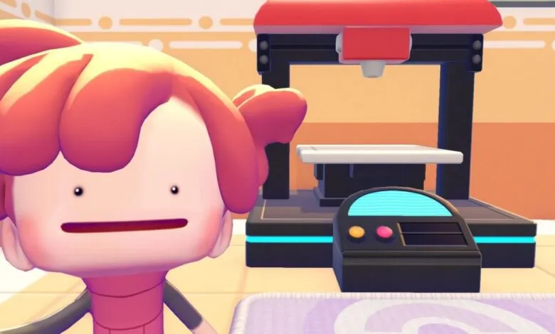 Cartoon character with pink hair stands next to a 3D printer.