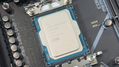 Close-up of an Intel Core Ultra 7 processor installed on a motherboard.