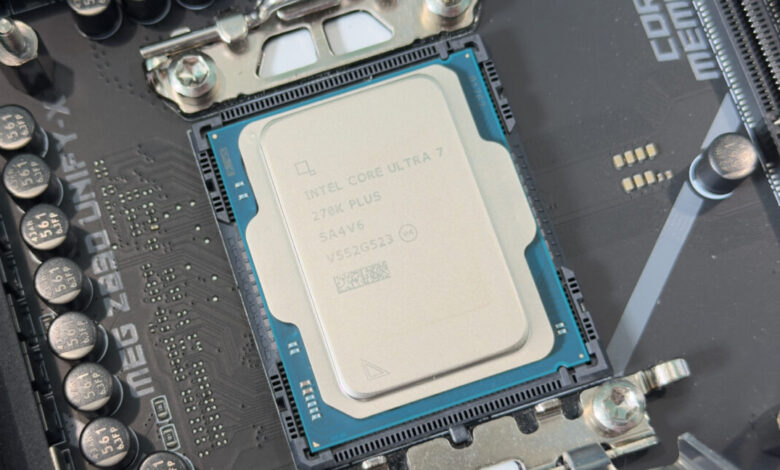 Close-up of an Intel Core Ultra 7 processor installed on a motherboard.