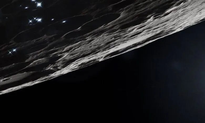 Moon surface with stars and Earth crescent in the distance.