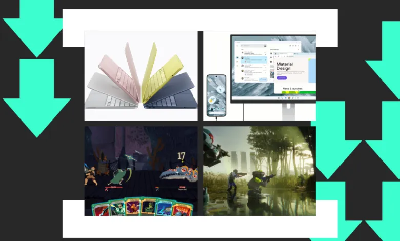 Collage of laptop, phone, monitor, and game screenshots on patterned background.