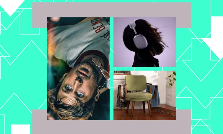 Collage of Chris Hemsworth, headphones, and a green chair.