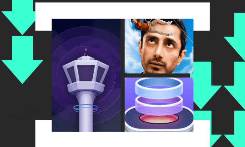Collage of four images: airport tower, man golfing, data storage, arrows.