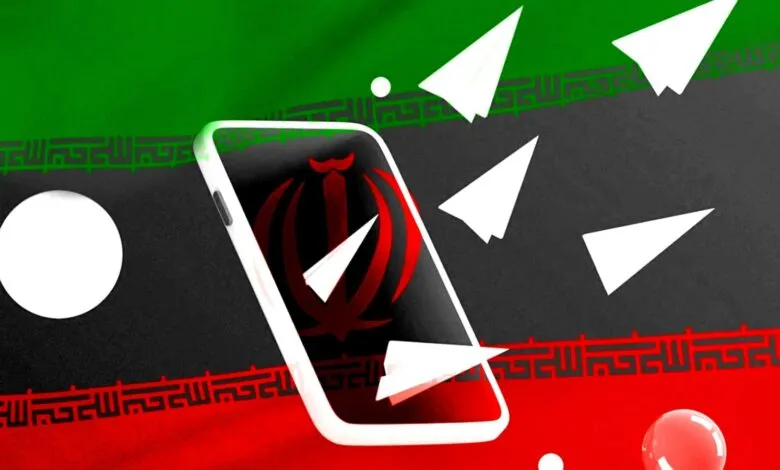 Iranian flag backdrop with smartphone and paper airplanes, digital freedom concept.