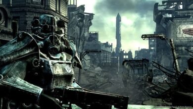 Power-armored figure stands guard in a post-apocalyptic cityscape.