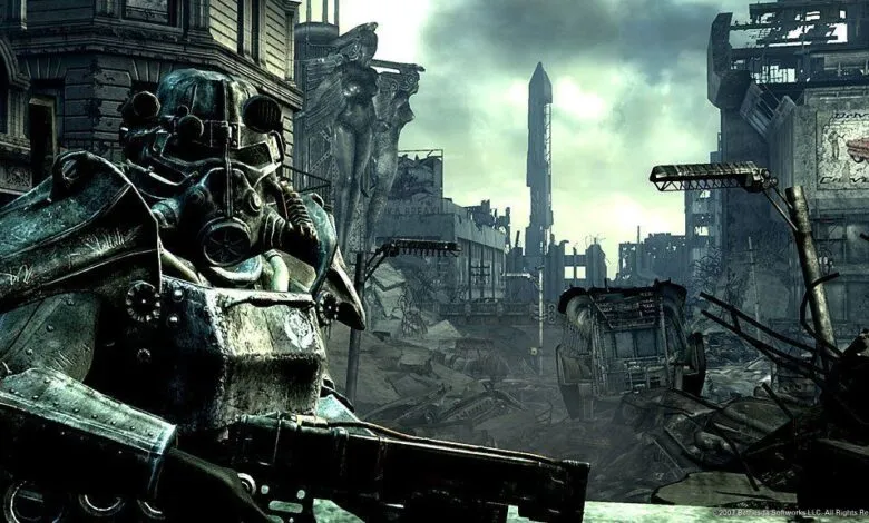 Power-armored figure stands guard in a post-apocalyptic cityscape.