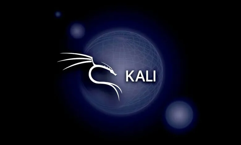 Kali Linux logo: white dragon and text on blue globe background.