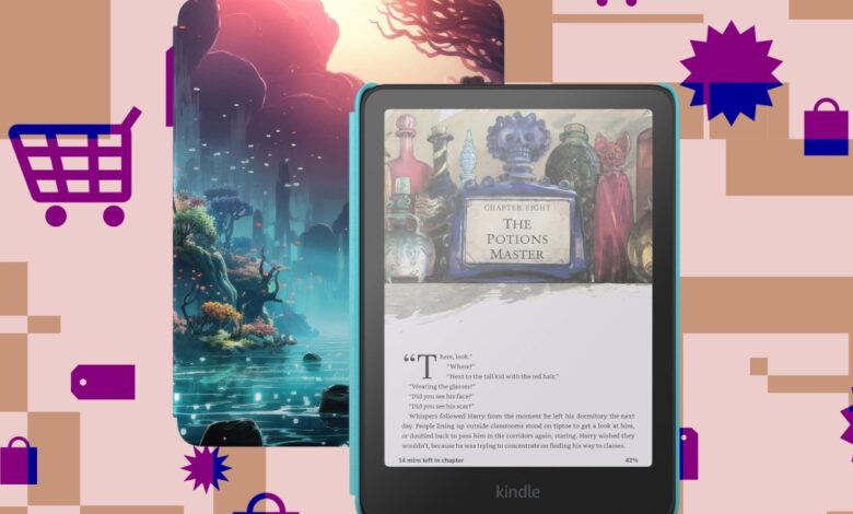 Kindle e-reader displaying 'Harry Potter' with colorful fantasy background.