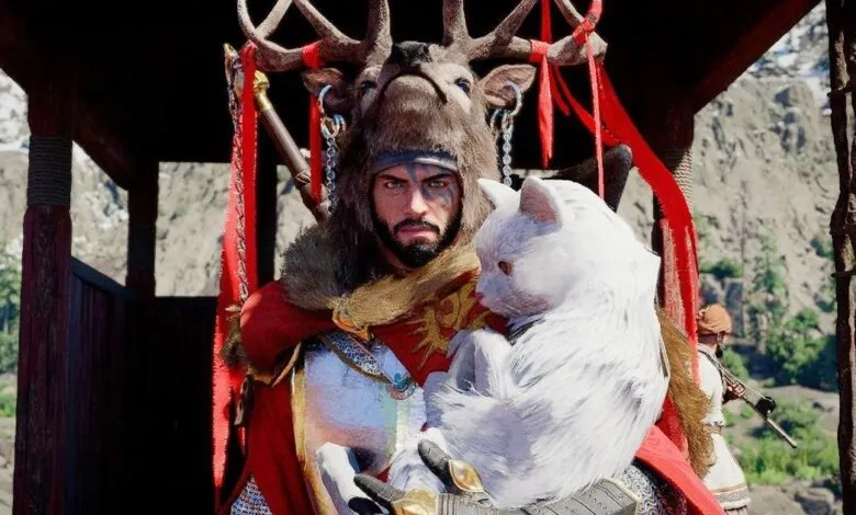 Kliff from Crimson Desert wears stag headdress, holding white cat.