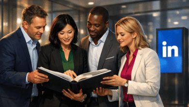 Four professionals collaborate, reviewing a document together.