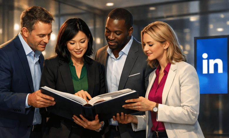Four professionals collaborate, reviewing a document together.