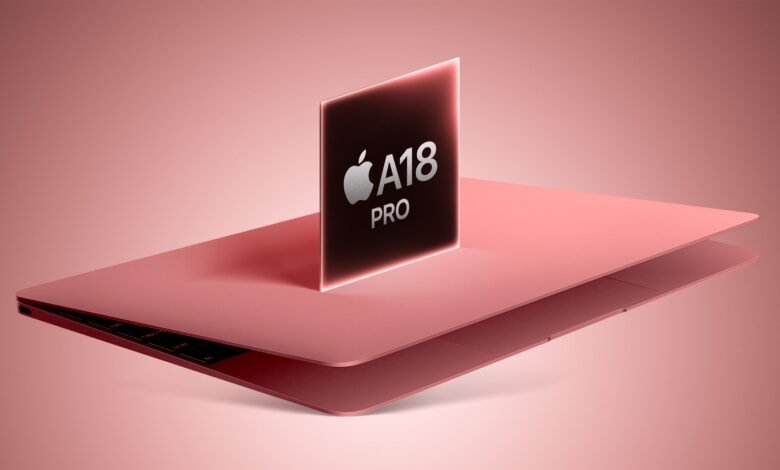 Pink laptop with A18 Pro chip graphic, sleek design.