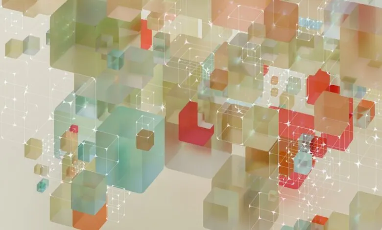 Abstract arrangement of translucent cubes connected by a white grid on a light background.