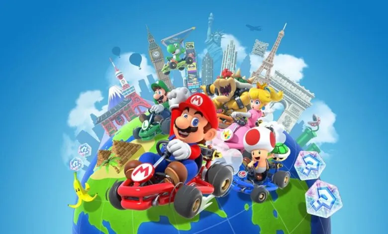 Mario Kart Tour promotional art featuring characters and world landmarks.