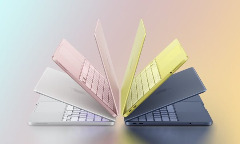 Four colorful MacBook Air laptops arranged in a fan-like display.