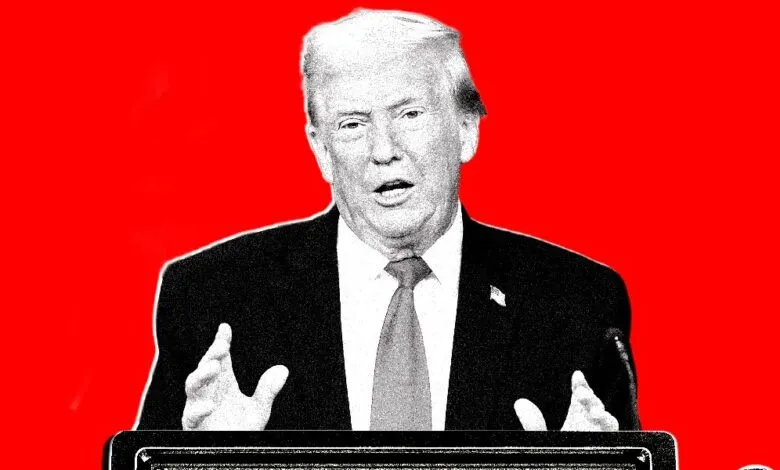 Donald Trump at podium with red background, speaking with hands raised.