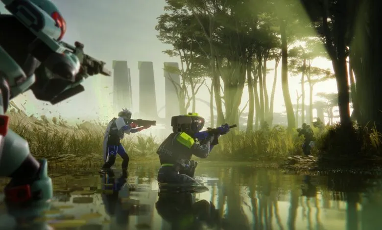 Futuristic soldiers in a swampy forest, aiming weapons.