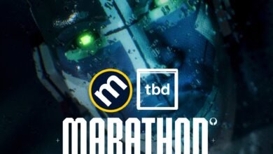 Marathon game promotional image featuring a cyborg-like face and logos.