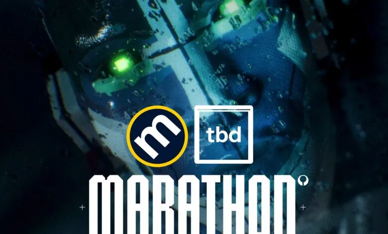 Marathon game promotional image featuring a cyborg-like face and logos.