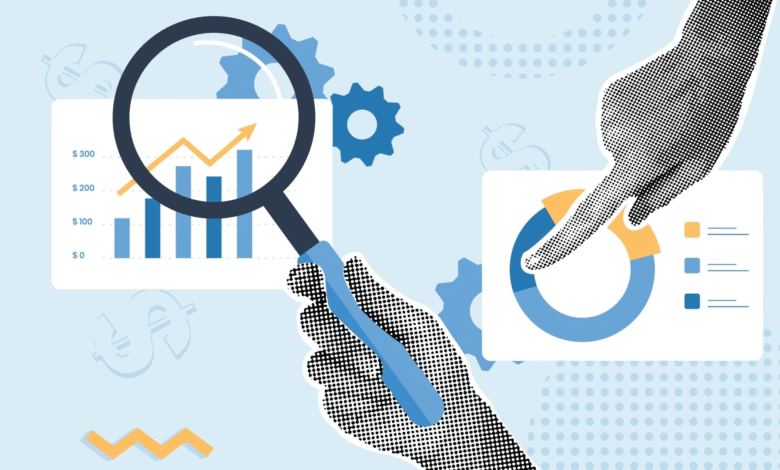 Magnifying glass over bar graph and hand pointing to pie chart, data analysis.