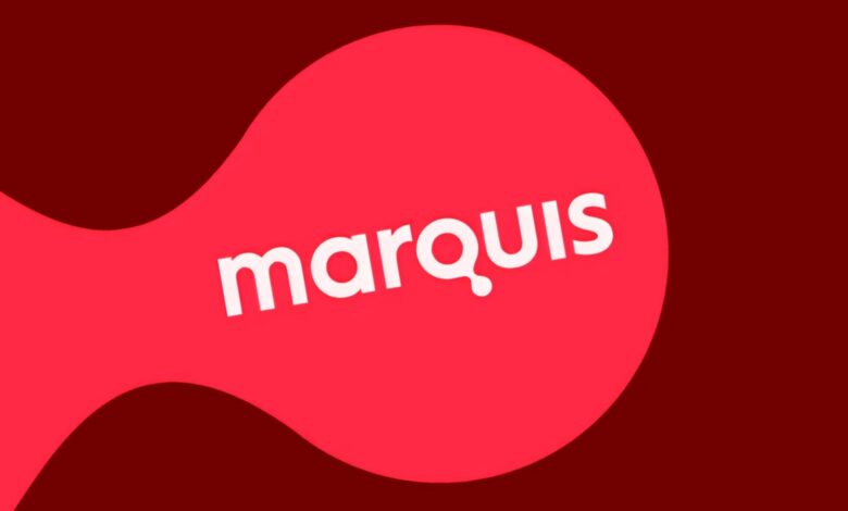Marquis logo in white on a red abstract shape.